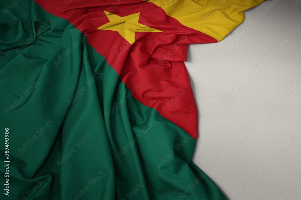 waving national flag of cameroon on a gray background.