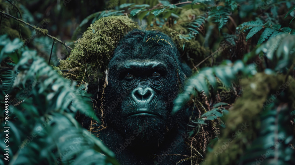 A gorilla stands in the center of a densely forested area, surrounded by tall trees and lush vegetation A gorilla stands in the center of a densely forested area, surrounded by tall trees and lush vegetation