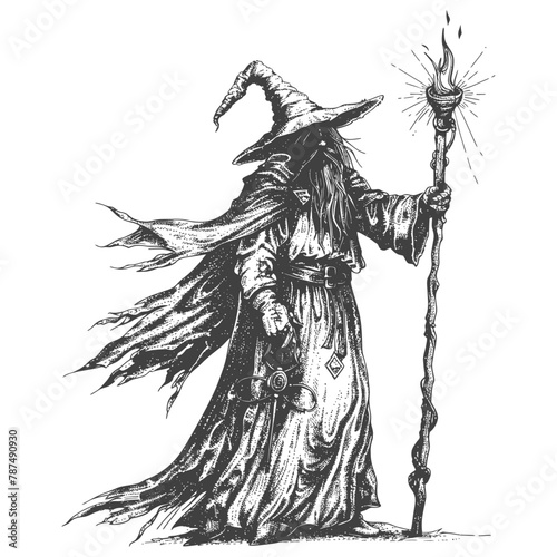 elf mage or necromancer with magical staff images using Old engraving style
