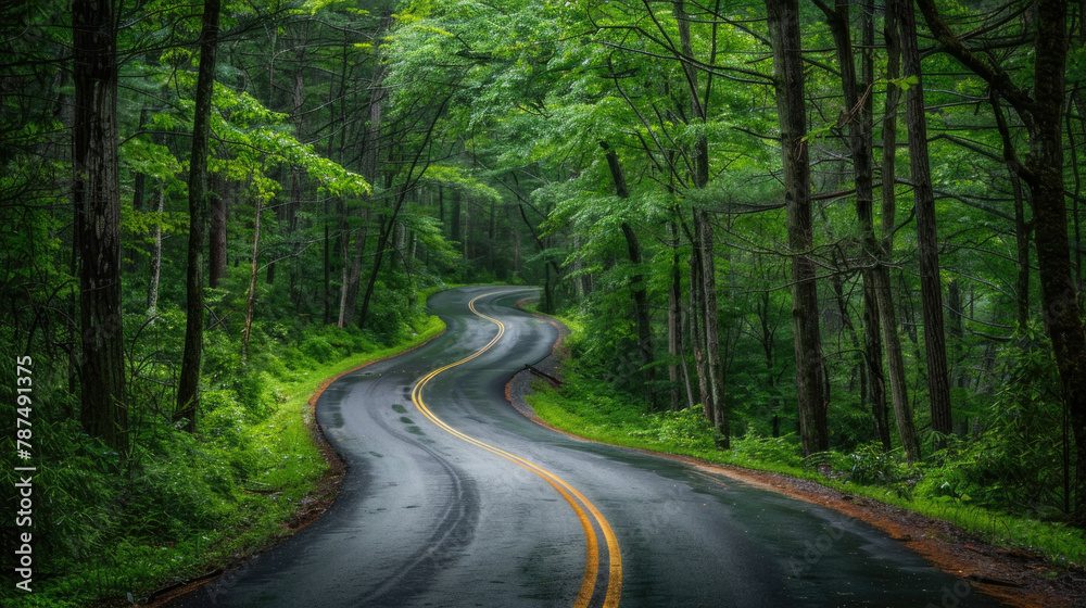 Naklejka premium Quiet, deserted road winds its way through a dense forest, devoid of any signs of life or movement