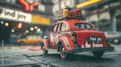 A red toy car with luggage stacked on its roof, ready for a pretend road trip adventure photo
