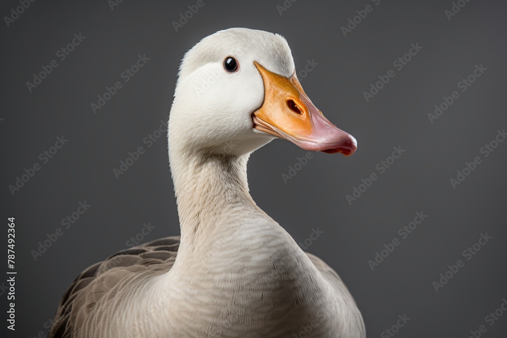 Portrait of a white domestic goose isolated on a gray background. Portrait of a white domestic goose isolated on a gray background.