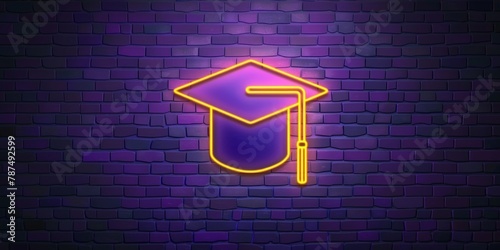 neon frame with graduation cap logo for decoration and covering on the dark brick wall background Generative AI