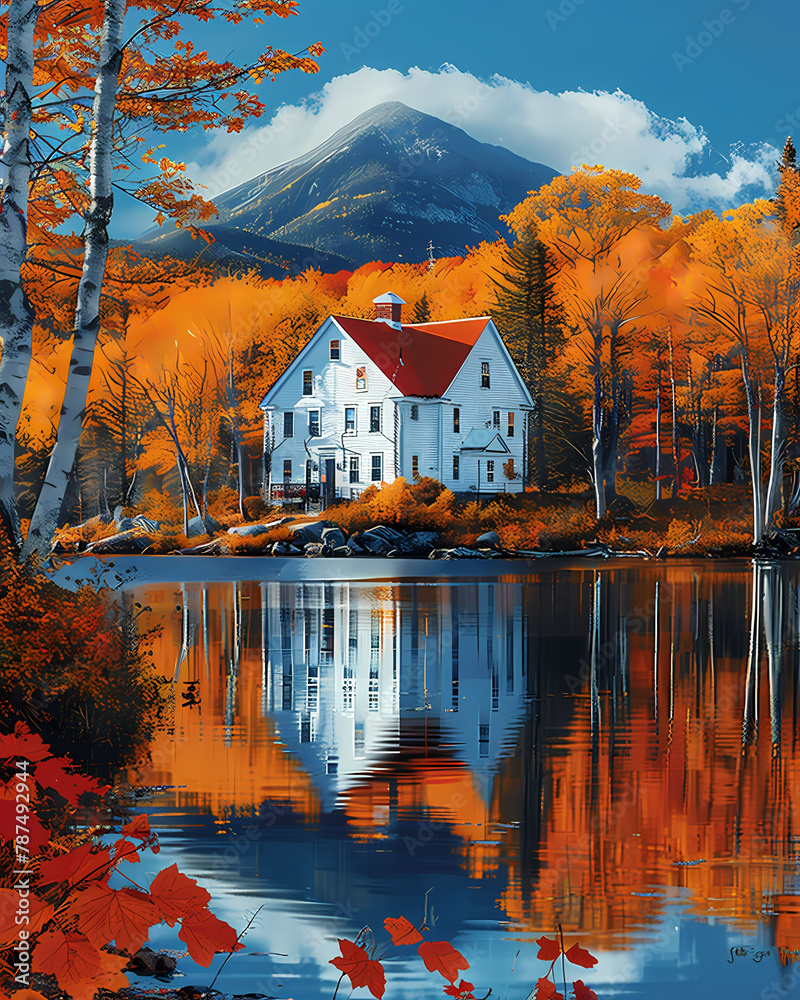New Hampshire, USA - Vibrant Painting: Mountain House by the Lake