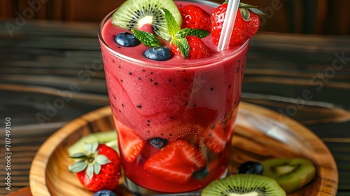 An attractive and inviting photograph of SAL toi ussiona smoothie, featuring vibrant fruits like strawberries, blueberries, kiwi slices, and mint leaves in the glass The drink should have a rich red c photo
