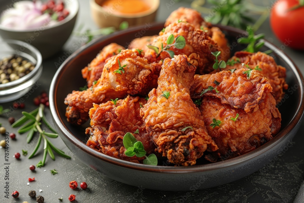 Enjoy a mouth-watering plate of crispy fried chicken, perfectly seasoned and garnished with herbs, promoting a warm, casual dining experience Enjoy a mouth-watering plate of crispy fried chicken, perfectly seasoned and garnished with herbs, promoting a warm, casual dining experience
