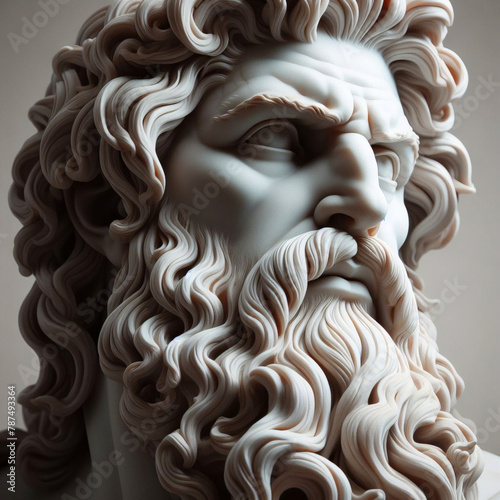 Handsome marble statue of powerful greek god Zeus over dark background, The powerful king of the gods in ancient Greek religion. 