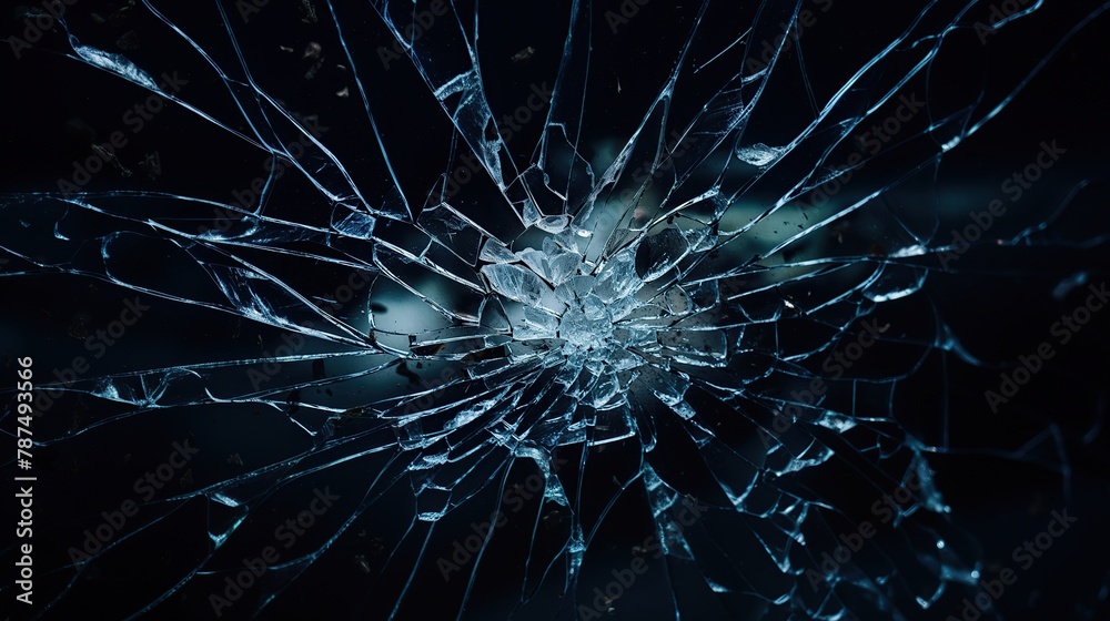 Broken glass on a dark background. The effect of destruction. - obrazy, fototapety, plakaty 