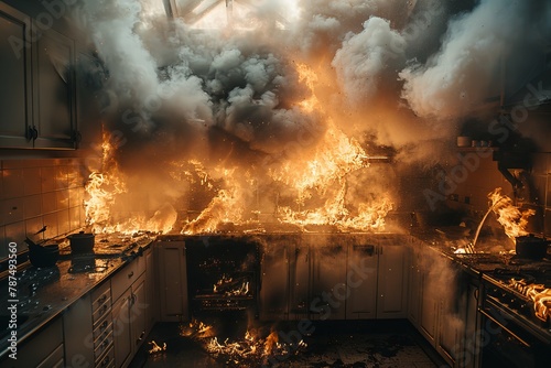 A kitchen is overtaken by a devastating fire, with thick smoke billowing and intense flames visible