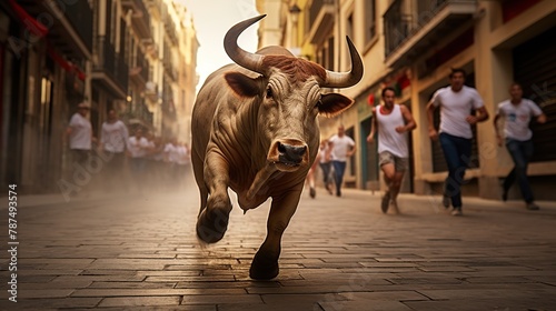 Bull running on the street in Madrid, Spain. People running with the bulls. photo