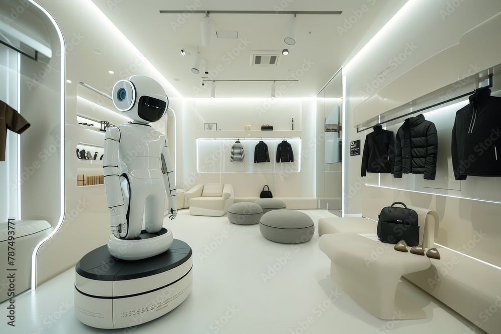 Futuristic robot personal shopper assisting in a stylish, modern fashion store - obrazy, fototapety, plakaty 