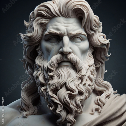 Handsome marble statue of powerful greek god Zeus over dark background, The powerful king of the gods in ancient Greek religion. 