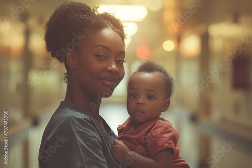 Tender moment of a motherly nurse holding a baby in a hospital corridor, illuminated by warm light