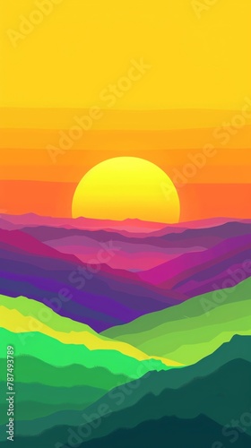 Beautiful colorful sunset over mountains in a simple vector art style with a flat design aesthetic against a bright yellow, green, and violet gradient background Smooth gradients with clean lines, smo