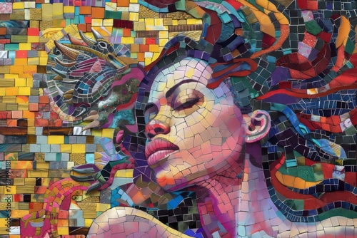 A vibrant and colorful abstract mosaic featuring an enchanting woman with her eyes closed, surrounded by the rich colors of reds, pinks, yellows, blues, purples, greens, and oranges. The focus is on h © LadiesWin