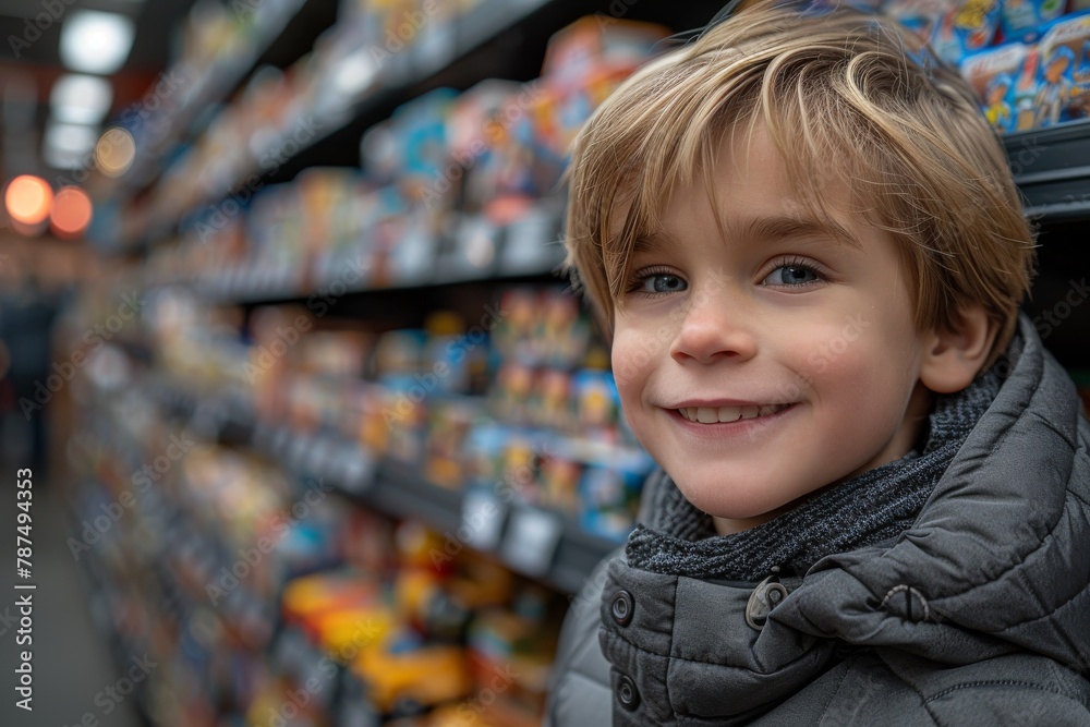 Cheerful boy with a heartfelt smile standing in a supermarket aisle with toys behind him Cheerful boy with a heartfelt smile standing in a supermarket aisle with toys behind him