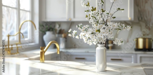 White Vase With White Flowers on Kitchen Counter