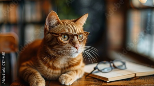 Smart handsome cat with magnifying glass in office. Funny animals. Trendy cat