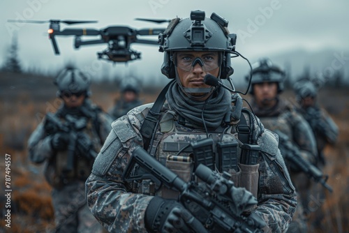 An intriguing image of a soldier in camouflage holding a rifle, with a drone flying overhead and the face blurred