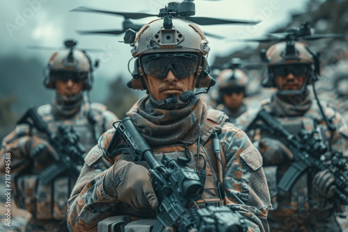 A military squad in combat gear lined up, poised for a tactical operation or mission © Larisa AI