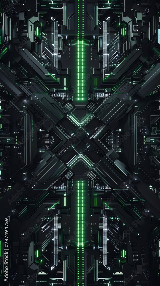 black and green wallpaper for mobile phone, futuristic tech design with an X in the middle, symmetrical black and green wallpaper for mobile phone, futuristic tech design with an X in the middle, symmetrical