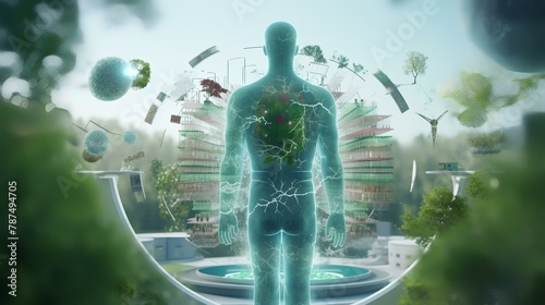 3d rendering of human body with digital medical interface and city background #787494705
