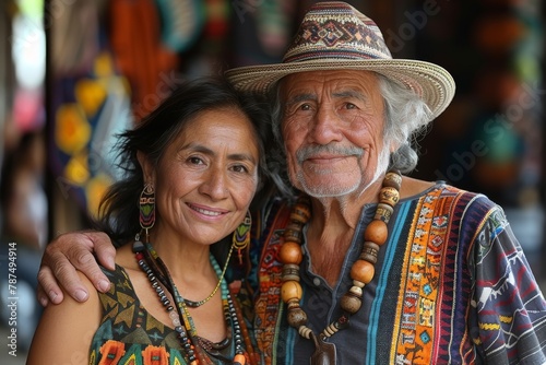 An elderly couple dressed in colorful traditional clothing posing for a portrait with smiling faces