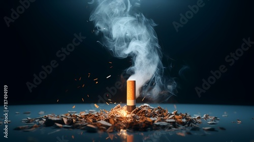 Cigarette burning in ashtray with smoke on black background photo
