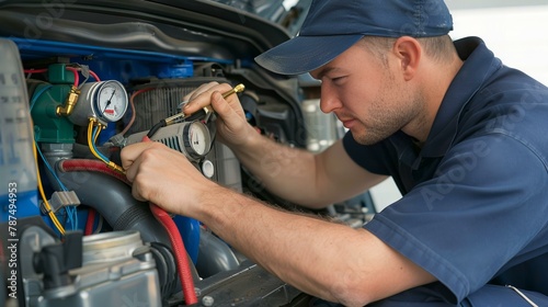 mechanic changing car engine