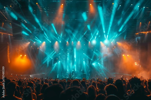 A visually striking concert spectacle with intense stage lights in various hues, illuminating the band and creating an immersive experience for the crowd