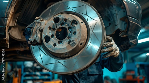 Mechanic Working on a Car Brake Rotor in a Garage