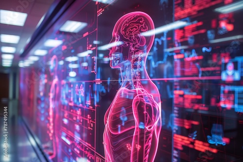Futuristic medical imaging technology with 3D human brain representation in a digital lab