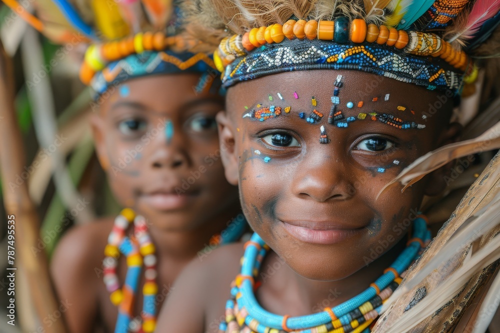 Two African children smiling at the camera with colorful tribal face paint and headgear