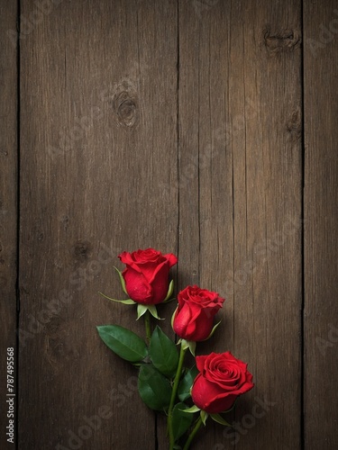 Trio of vibrant red roses with lush green leaves  stems laid upon rustic dark wooden surface  creating striking contrast that draws eye to delicate texture of petals.