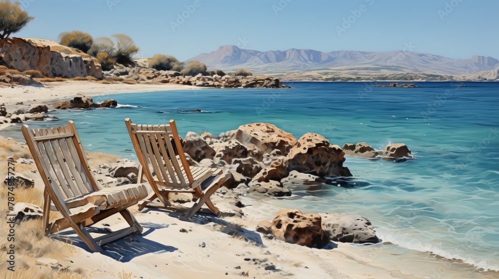 Fototapeta premium Two comfortable deck chairs by the tranquil mediterranean shore, perfect vacation destination