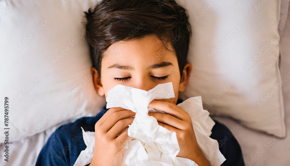 Congested Sneezing Sick Boy Laying on Bed Covered With Tissue Paper Congested Sneezing Sick Boy Laying on Bed Covered With Tissue Paper