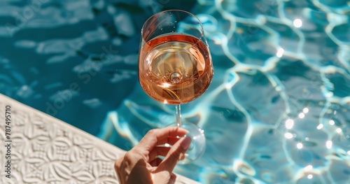 Person Holding a Glass of Wine by the Swimming Pool