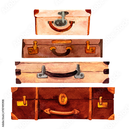 Composition of antique leather suitcases hand-painted in vintage style watercolor object isolated on a white background. Interior decor and wall art on retro themes, travel, libraries, books, museums
