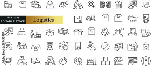 Logistics line icons set. Logistics outline icons with editable stroke collection. Includes Imports Exports, Freight, Warehouse, Custom Inspection, Supply Chain,