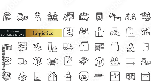 Logistics line icons set. Logistics outline icons with editable stroke collection. Includes Imports Exports, Freight, Warehouse, Custom Inspection, Supply Chain,