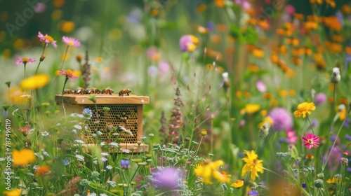 Closeup of a buzzing beehive surrounded by colorful wildflowers and crops pollinated by the busy bees. This natural pest control od supports the organic farming practices. .