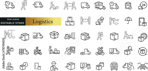Logistics line icons set. Logistics outline icons with editable stroke collection. Includes Imports Exports, Freight, Warehouse, Custom Inspection, Supply Chain,