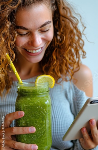 Woman Holding Tablet and Green Smoothie
