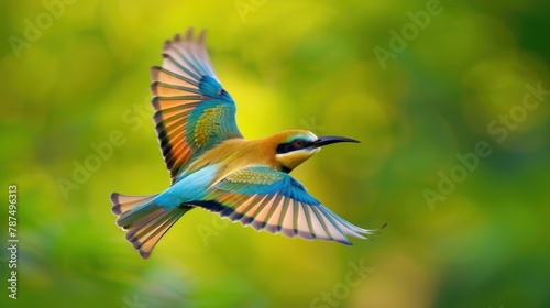 Portrait beautiful bee-eater bird animal flying on the nature green blur background. AI generated photo