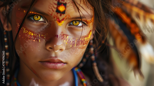 intense gaze of a young girl with tribal face paint and feather headdress, native american tribe