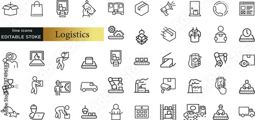 Logistics line icons set. Logistics outline icons with editable stroke collection. Includes Imports Exports, Freight, Warehouse, Custom Inspection, Supply Chain,