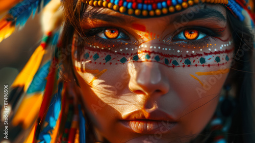 striking closeup of a young girl with traditional face paint and colorful headdress, native american tribe