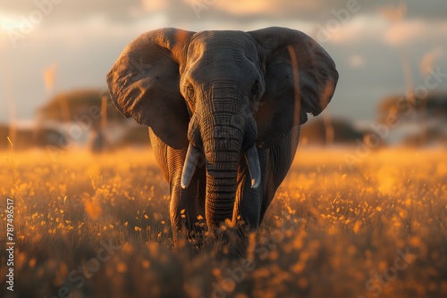 wild africa, sunset in africa, desert trees, sunset and sunlight. elephant walks in nature. African nature, landscape photo