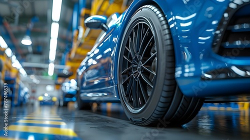 Blue Car with Sleek Tires at Modern Auto Shop. Concept Auto detailing, Car maintenance, Tire replacement, Vehicle customization, Automotive service