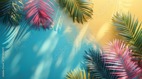 Palm Leaves on Blue and Yellow Background
